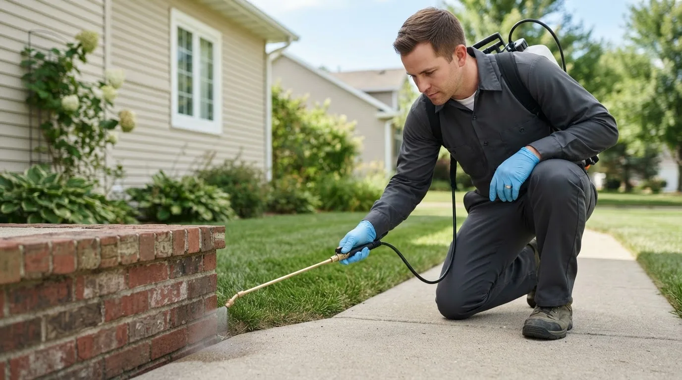 Pest control technician treating a home near Pretty Prairie, KS