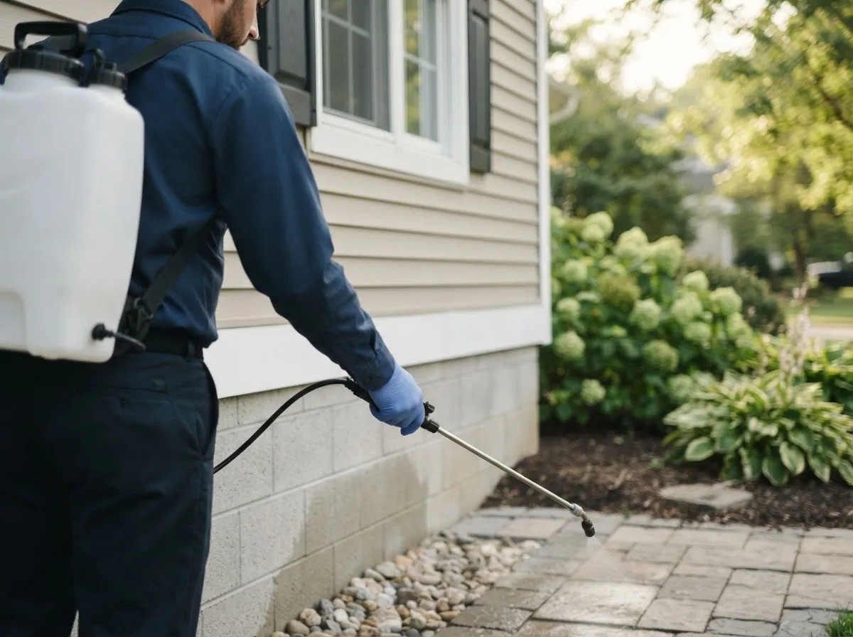 Pest control technician inspecting a home in Pretty Prairie, KS